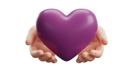 Hands gently holding a purple heart shape against a white background in a loving gesture of care