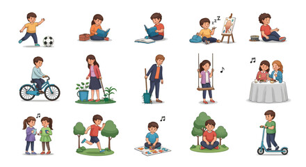 Collection of child development and lifestyle concepts showing kids in various daily activities and hobbies