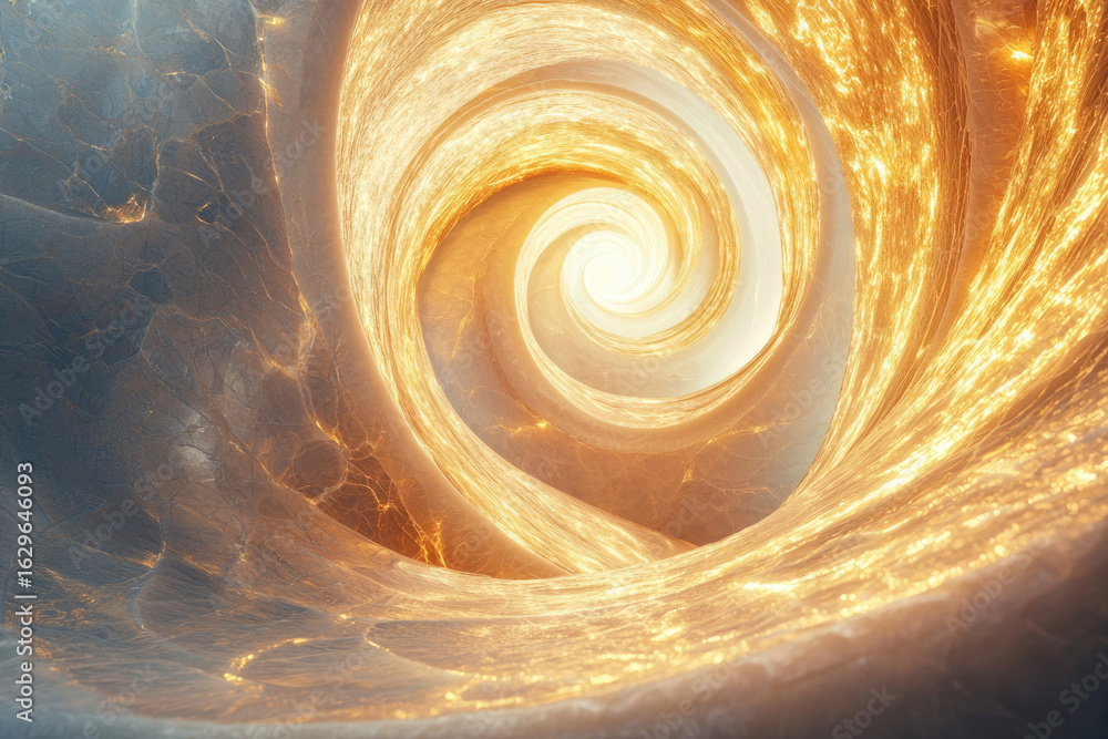 Poster a swirling vortex of golden light and gray stone, creating a mesmerizing and abstract tunnel of ener