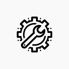Bold Black Wrench Icon Overlapping Gear Cogwheel.