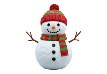 Isolated Adorable Snowman Wearing Red and Green Scarf and Hat