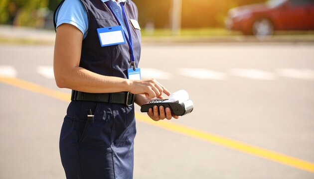 A female parking attendant in uniform issues a ticket using a handheld machine on a sunny street.