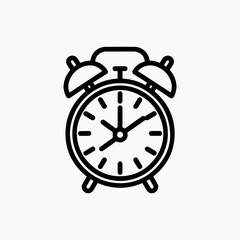 Bold outline of a classic alarm clock with bells and short hands.