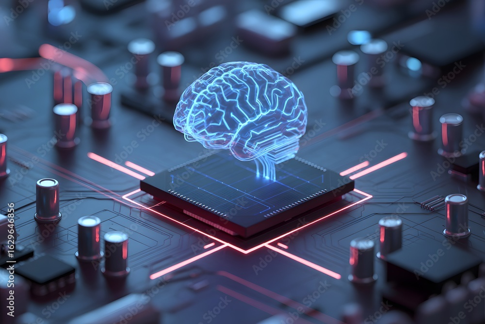 Aufkleber brain circuitry: a conceptual visualization of a digital brain, depicted as a glowing circuit board,