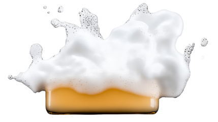 Foamy beer in glass with white bubbles on transparent background