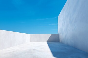 White walls and clear blue sky form a minimalist architectural scene. Angular lines and clean composition evoke modern serenity.