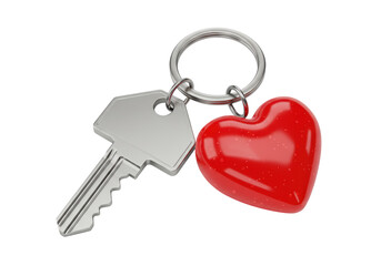 Isolated Silver Key with a Bright Red Heart Keychain Charm