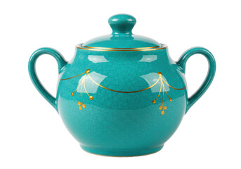 Isolated Elegant Teal Ceramic Sugar Bowl with Gold Floral Design and Lid