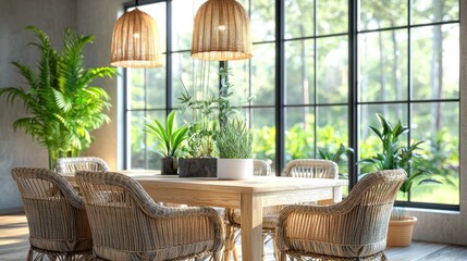 Rustic dining room with natural light and plants