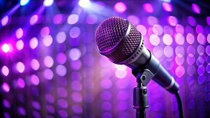 Obraz premium Microphone on stage with purple bokeh lights