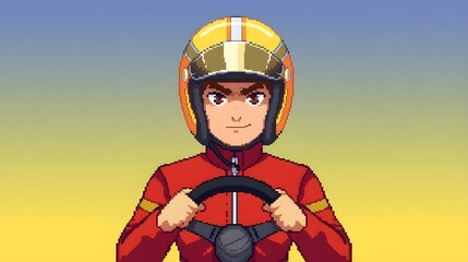 pixel image of a race car driver holding the steering wheel in both hands