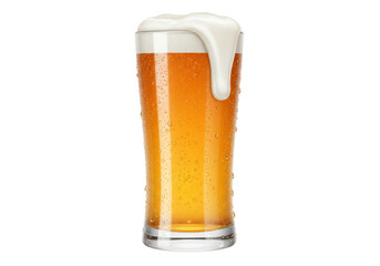 Isolated Frosted Glass of Cold Golden Beer with Foam Overflowing and Water Droplets