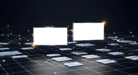 Two large floating rectangular digital screens, computer monitors, with content areas, hovering in a surreal, minimal virtual space.. control room, holographic, modern, wireframe, reflection, floating
