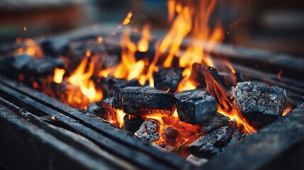 Burning Charcoal on Grill Emitting Heat and Flames for Cooking