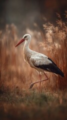 Stork captured mid-step in meadow, blurred wild grasses behind, elegant pose, sharp focus on feathers and eye