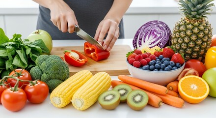 Vibrant Still Life: Woman Slicing Red Bell Pepper Amidst Fresh Fruits and Vegetables