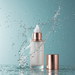 Elegant serum bottle with refreshing splash for skincare ads that highlight hydration and beauty, perfect for premium cosmetic brands and influencers. AI generated images