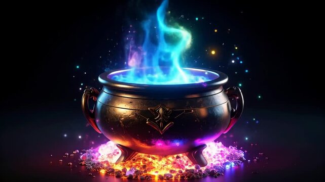 A dark cauldron with ornate handles sits on multicolored embers, filled with swirling blue and turquoise flames.