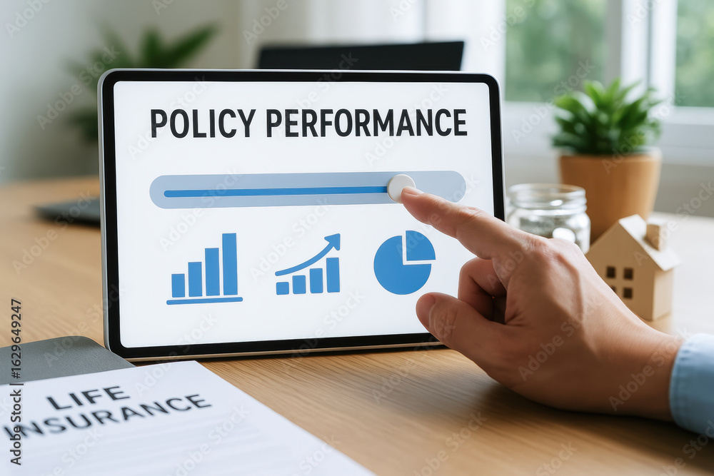 Poster policy performance concept with life insurance document and hand pointing on tablet screen showing f