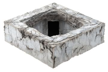A stylized, square block of stone, hollowed out