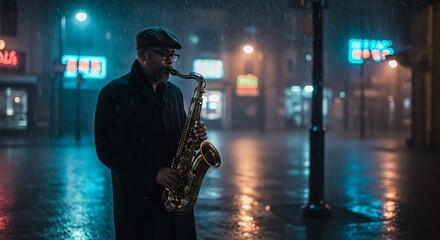 Man playing saxophone in rainy city street at night