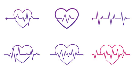 Set of six stylized heart shapes with electrocardiogram lines representing life and health