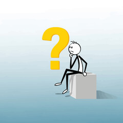 An illustrated stick figure sits pondering a large yellow question mark, symbolizing deep thought, confusion, and the search for answers to complex problems or new ideas.
