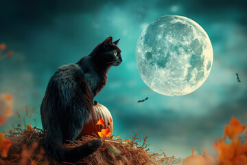 Mysterious black cat sits on glowing halloween pumpkin while gazing at enchanting full moon in spooky autumn night scene