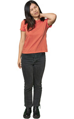 Full-body young Chinese woman having a neck pain due to stress, massaging and touching it with hand.