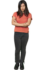 Full-body young Chinese woman unhappy looking in camera with sarcastic expression.