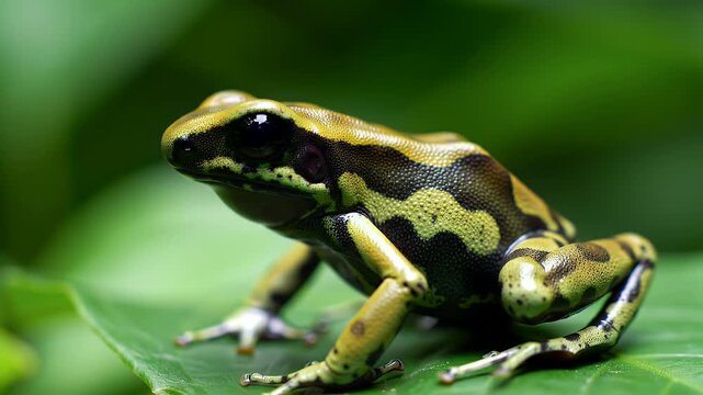 Striking Yellow and Black Patterned Poison Dart Frog Resting on a Green Leaf in its Natural Tropical Habitat