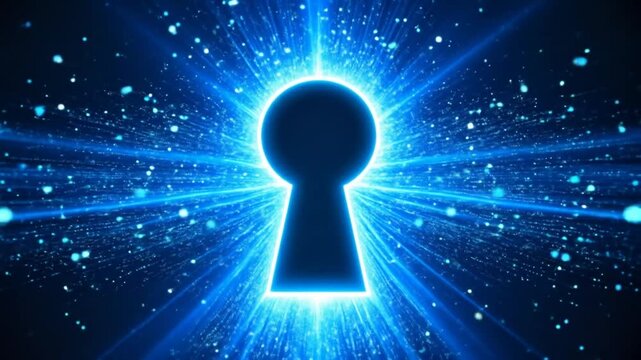 A dark keyhole shape is centered against a bright, radiating blue light on a dark background with scattered small light particles.