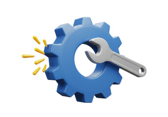 Isolated Blue Gear or Cogwheel with a Silver Wrench and Sparks