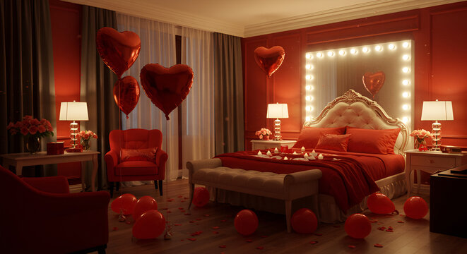 Fototapeta Extravagant bedroom luxury interior with love glamur decoration at Valentines day in studio. Balloons by heart shaped and at illuminated mirror romantic cozy atmosphere at vivid red background. 