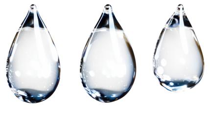 Clear water drops with a smooth surface on a transparent background