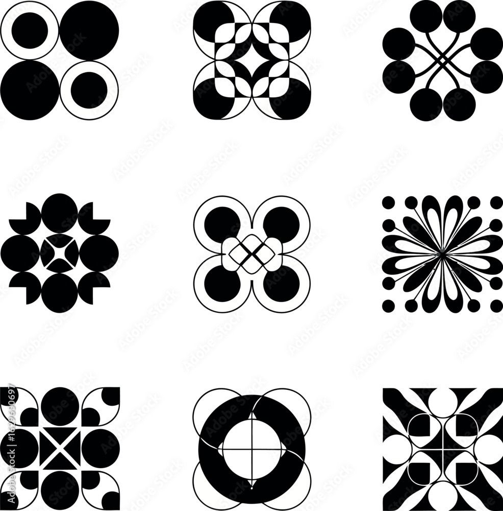 Poster vector art of a curated selection of 9 distinct abstract geometric patterns and shapes in a striking