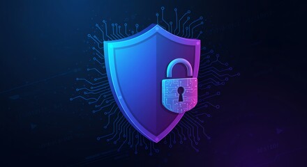 Shield icon with padlock and circuit board background represents cybersecurity