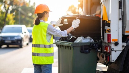 A female sanitation worker in a safety vest and hard hat collects trash from a bin into a garbage truck.