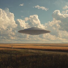 Futuristic UFO hovering above golden wheat field under dramatic cloudy sky..
