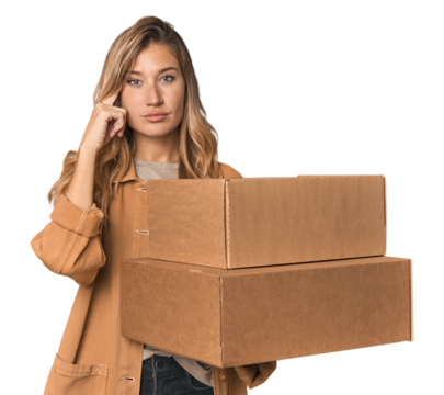 Blonde Caucasian moving with large boxes pointing temple with finger, thinking, focused on a task.