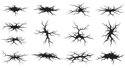 Collection of various black cracked ground textures and surface damage elements isolated on white background