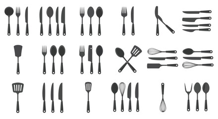 Collection of kitchen utensils and cutlery silhouettes isolated on white background