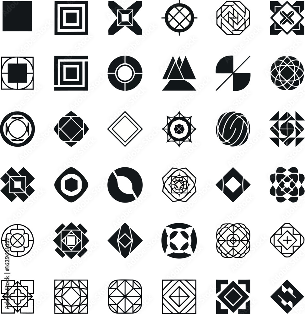 Poster vector art of a collection of geometric shapes and patterns in black and white, isolated on a white 