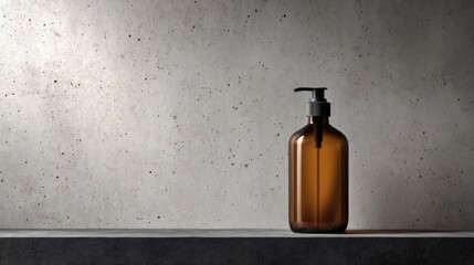Amber glass soap dispenser with black pump on a textured background