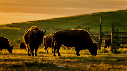 Majestic bison grazing in a golden sunset on a rolling hillside