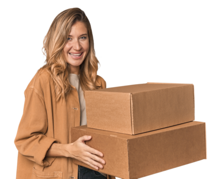 Cheerful blonde with cardboard boxes moving day
