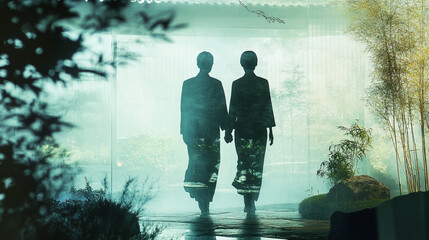 Overlapping translucent figures of two lovers