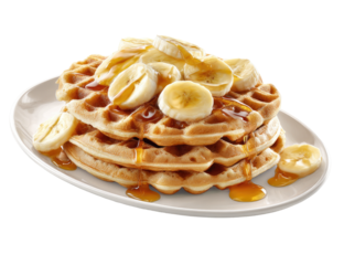Stack of waffles topped with sliced bananas and syrup