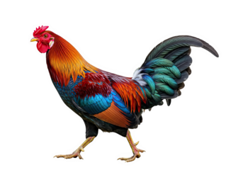 A vibrant rooster with colorful plumage, isolated on a transparent background, showcasing its majestic appearance and detailed feathers
