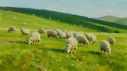 Obraz premium Flock of fluffy sheep grazing peacefully on a vibrant green hillside under a soft sky